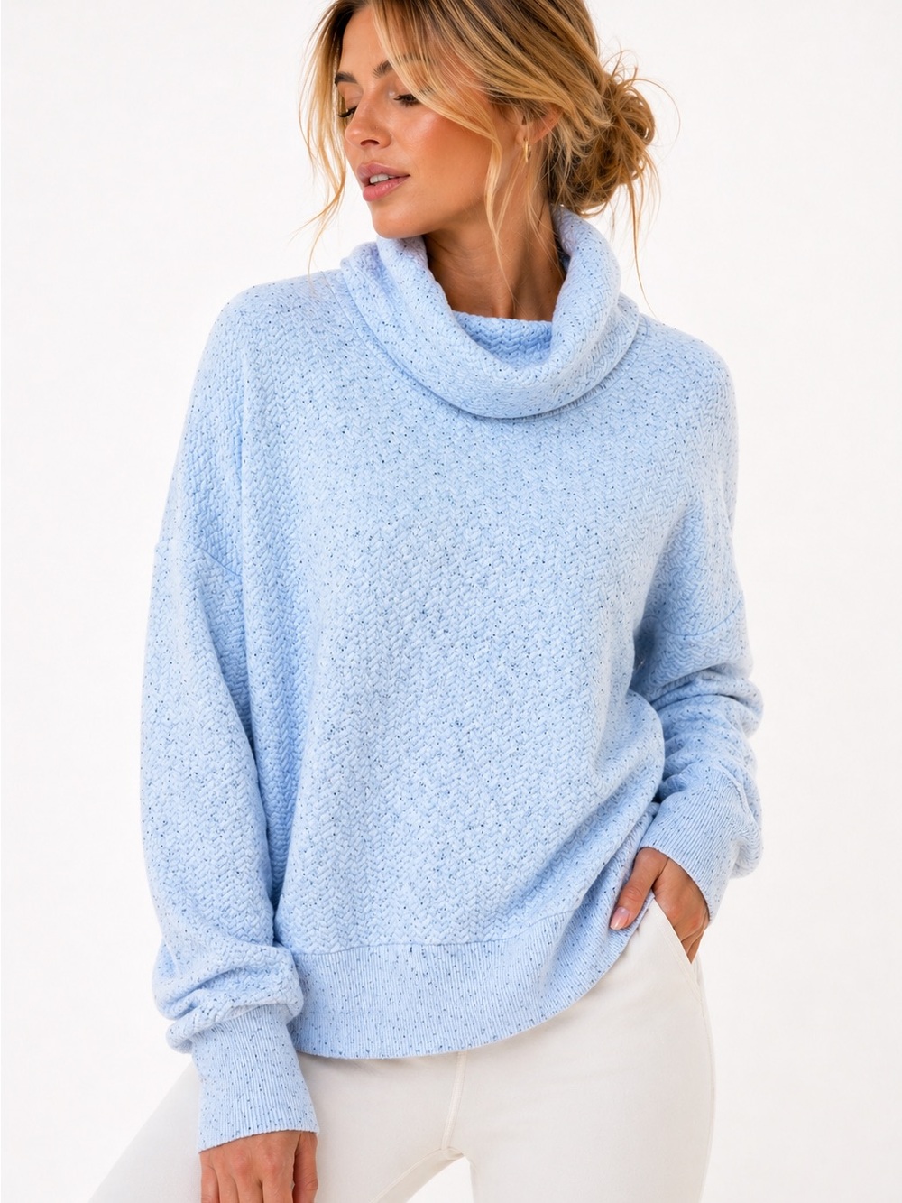 Calia Cowl Neck Pullover Sweater Light Blue Speckled Cozy Knit | Size Medium